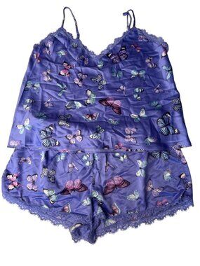 INC Butterfly Print XL Camisole & Shorts Set Purple Lace Trim Polyester Sleepwea